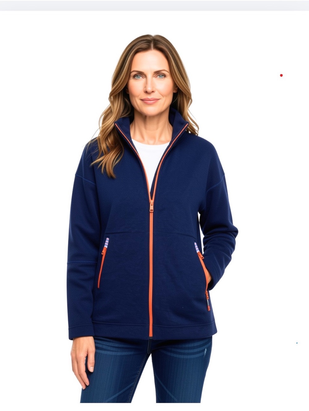 Stio Navy Zip-Front Jacket with Cognac Light Brown Trim Stand Collar Fleece Knit